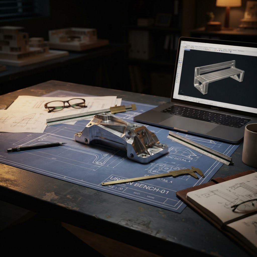 Architektonické výkresy a CNC obrábaný hliníkový komponent s 3D CAD modelom na obrazovke